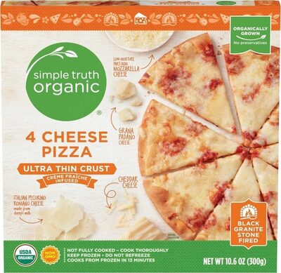 4 Cheese Low-Moisture Part-Skim Mozzarella Cheese, Grana Padano Cheese, Cheddar Cheese, Italian Pecorino Romano Cheese Creme Fraiche Infused Ultra Thin Crust Pizza, 4 Cheese