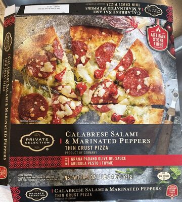 Calabrese Salami & Marinated Peppers With Olive Oil Grana Padano Sauce, Arugula Pesto, Thyme Thin Crust Pizza, Calabrese Salami & Marinated Peppers