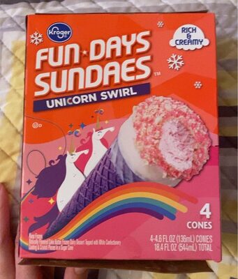 Unicorn Swirl Flavored Cake Batter Frozen Dairy Dessert Topped With White Confectionery Coating & Crunch Pieces In A Sugar Cone, Unicorn Swirl