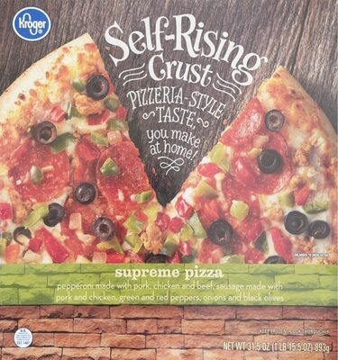 Pizzeria-Style Pepperoni Made With Pork, Chicken And Beef, Sausage Made With Pork And Chicken, Green And Red Peppers, Onions And Black Olives Self-Rising Crust Supreme Pizza, Pizzeria-Style