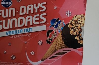 Vanilla Nut Vanilla Frozen Dessert Topped With Chocolate Flavored Coating & Peanuts In A Sugar Cone Fun Days Sundaes Cones, Vanilla Nut