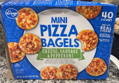 Cheese, Sausage & Pepperoni Mini Pizza Bagels Topped With Tomato Sauce, Mozzarella Cheese, Sausage And Pepperoni, Cheese, Sausage & Pepperoni