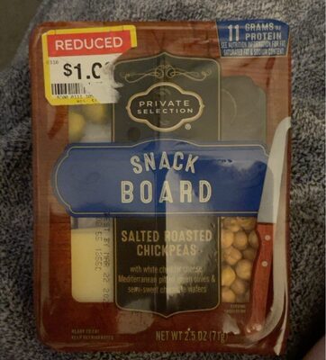 Salted Roasted Chickpeas, White Cheddar Cheese, Moroccan Pitted Green Olives, Semi-Sweet Chocolate Wafers Snack Board, Salted Roasted Chickpeas, White Cheddar Cheese, Moroccan Pitted Green Olives, Semi-Sweet Chocolate Wafers