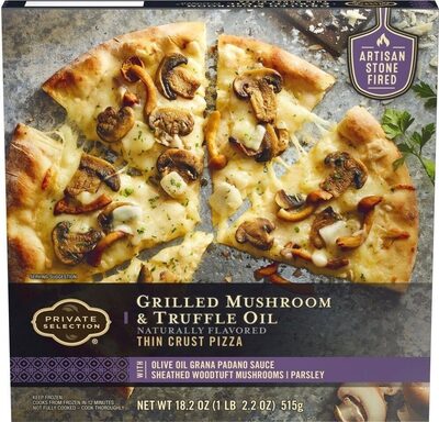 Grilled Mushroom & Truffle Oil Flavored With Olive Oil Grana Padano Sauce, Sheathed Woodtuft Mushrooms, Parsley Thin Crust Pizza, Grilled Mushroom & Truffle Oil