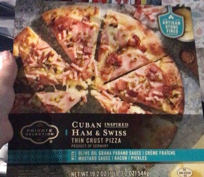 Cuban Inspired Ham & Swiss With Olive Oil Grana Padano Sauce, Creme Fraiche Mustard Sauce, Bacon, Pickles Thin Crust Pizza, Cuban Inspired Ham & Swiss