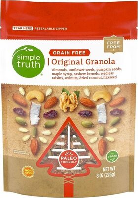 Original Almonds, Sunflower Seeds, Pumpkin Seeds, Maple Syrup, Cashew Kernels, Seedless Raisins, Walnuts, Dried Coconut, Flaxseed Granola, Original