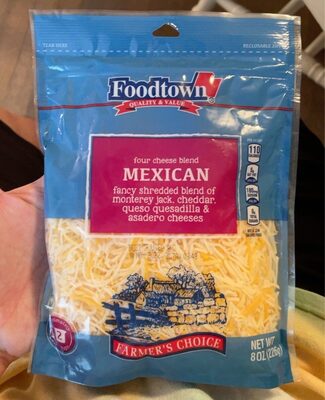 Four Cheese Blend Mexican Fancy Shredded Blend Of Monterey Jack, Cheddar, Queso Quesadilla & Asadero Cheeses, Four Cheese
