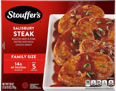 Salisbury Steak Roasted Patties Made With Natural Beef And Pork Topped With Onions & Gravy, Salisbury Steak