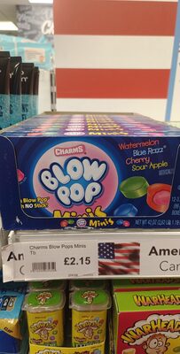 Charms, Blow Pop, Pop Minis, Watermelon, Blue Razz, Cherry, Sour Apple, Watermelon, Blue Razz, Cherry, Sour Apple