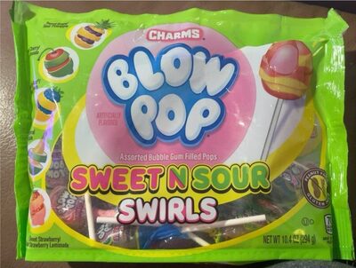 Sweet Cherry & Sour Limeade, Sweet Blue Razz & Sour Lemonade, Sweet Banana & Sour Apple, Sweet Grape & Sour Pineapple, Sweet Strawberry & Sour Strawberry Lemonade Sweet N Sour Swirls Assorted Bubble Gum Filled Pops, Sweet Cherry & Sour Limeade, Sweet Blue