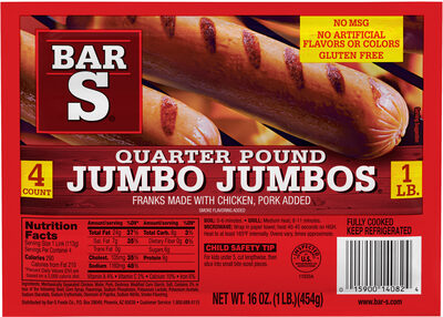 Smoke Flavoring Quarter Pound Jumbo Jumbos Franks Made With Chicken, Pork Added, Smoke