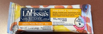 Pineapple Teriyaki Almonds, Sunflower Seeds, Dried Pineapple, Dried Egg Whites, Almond Butter And Sesame Seeds With Finely Chopped Chicken Breast Jerky Bar, Pineapple Teriyaki