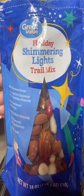 Shimmering Lights Milk Chocolate Drops, Green And Red Shimmer White Chocolate Peanuts, Dried Sweetened Cranberries, Roasted Salted Almonds, Yogurt-Flavored Coated Cranberries, Glazed Pecans Holiday Trail Mix, Shimmering Lights