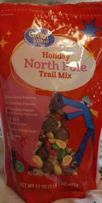 North Pole Holiday Roasted Salted Peanuts, Milk Chocolate Peanuts, Milk Chocolate Peanut Flavored Cereal Squares, M&M's Milk Chocolate Candies, Mini Peanut Butter Cups, Milk Chocolate Nonpareils Trail Mix, North Pole