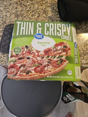 Supreme Topped With Tomato Sauce, Mozzarella And Paroma Cheese, Sausage, Pepperoni, Roasted Bell Pepper, Red Onion And Black Olives Thin & Crispy Crust Pizza, Supreme