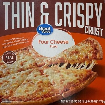 Four Cheese Topped With Tomato Sauce, Mozzarella, White Cheddar, Provolone And Paroma Cheese Thin & Crispy Crust Pizza, Four Cheese