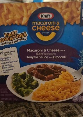 Macaroni & Cheese Dinner With Beef Topped With Teriyaki Sauce And Broccoli