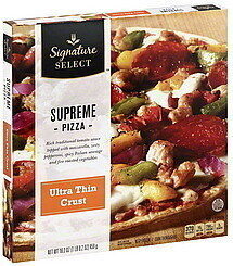 Supreme Rich Traditional Tomato Sauce Topped With Low-Moisture Mozzarella Cheese, Cooked Spicy Italian Sausage, Zesty Pepperoni And Fire Roasted Vegetables Ultra Thin Crust Pizza, Supreme