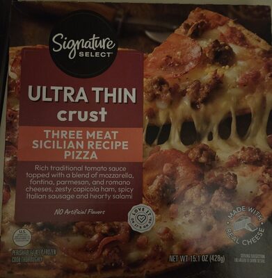 Ultra Thin Crust Three Meat Sicilian Recipe Rich Traditional Tomato Sauce Topped With A Blend Of Mozzarella, Fontina, Parmesan, And Romano Cheeses, Zesty Capicola Ham, Spicy Italian Sausage And Hearty Salami Pizza, Three Meat Sicilian Recipe