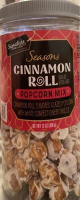 Cinnamon Roll Flavored Seasons Glazed Popcorn Mix With White Confectionery Drizzle, Cinnamon Roll