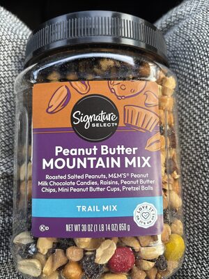 Peanut Butter Mountain Mix Roasted Salted Peanuts, M&M's Peanut Milk Chocolate Candies, Raisins, Peanut Butter Chips, Mini Peanut Butter Cups, Pretzel Balls Trail Mix, Peanut Butter Mountain Mix