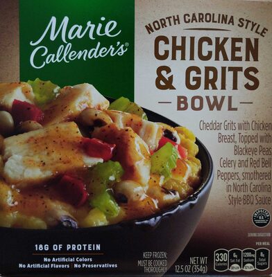 North Carolina Style Chicken & Grits Cheddar Grits With Chicken Breast, Topped With Black-Eyed Peas, Celery And Red Bell Peppers, Smothered In North Carolina Style BBQ Sauce Bowl, North Carolina Style Chicken & Grits