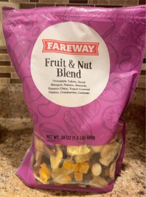 Fruit & Nut Blend Pineapple Tidbits, Diced Mangos, Raisins, Almonds, Banana Chips, Yogurt Covered Raisins, Cranberries, Cashews, Fruit & Nut Blend