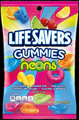 Neons Gummies Candy, Bold Berry, Orange Pop, Pink Punch, Cherry Lime Splash, Electric Lemonade
