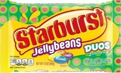 Grape-Ade, Tropical Cherry Splash, Razzin' Watermelon, Strappleberry, Peach-A-Palooza, Banana Berry Blast Duos Jelly Beans, Grape-Ade, Tropical Cherry Splash, Razzin' Watermelon, Strappleberry, Peach-A-Palooza, Banana Berry Blast