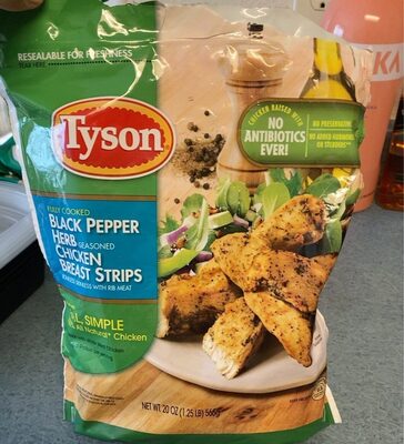 Black Pepper Herb Seasoned Fully Cooked Chicken Breast Strips Boneless Skinless With Rib Meat, Black Pepper Herb Seasoned