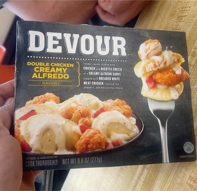 Tender Ravioli Stuffed With Chicken And Ricotta Cheese In A Creamy Alfredo Sauce, Topped With Breaded White Meat Chicken, Roasted Red Peppers, And Mozzarella Cheese, Double Chicken Creamy Alfredo