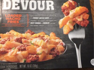 Loaded Nacho Fries With Chorizo Zesty Seasoned French Fries Smothered In A Chunky Queso Sauce With Jalapenos, Red Peppers And Topped With Juicy Chunks Of Chorizo Sausage And Cheddar Cheese, Loaded Nacho Fries With Chorizo