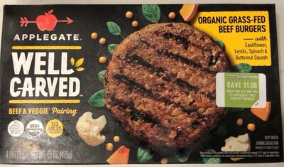 Organic Grass-Fed Beef Burgers With Cauliflower, Lentils, Spinach & Butternut Squash, Beef