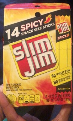 Slim Jim Smoked Meat Sticks, Spicy Flavor, 6g Protein Per Serving, Snack Size, 0.28 oz. (14-Count)