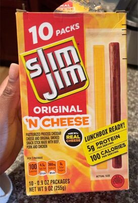 Slim Jim Beef 'N Cheese Smoked Meat Sticks, Original Flavor, 5g Protein Per Serving, 0.9 oz. (10-Count)