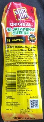 Slim Jim Beef 'N Cheese Smoked Meat Sticks, Jalapeno Flavor, 7g Protein Per Serving, 1.15 oz.
