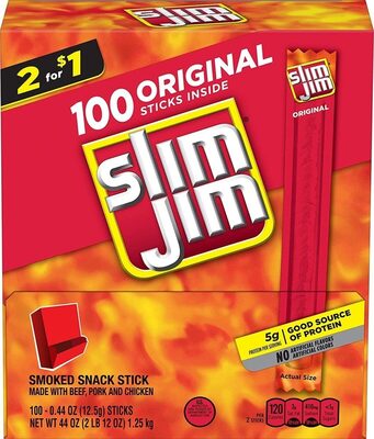 Slim Jim Smoked Meat Sticks, Original Flavor, 5g Protein Per Serving, 0.44 oz. (100-Count)