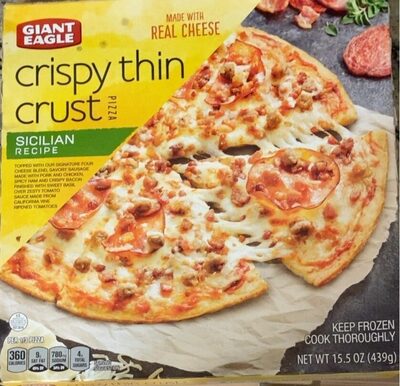 Three Meat Pizza Topped With Our Signature Four Cheese Blend, Savory Sausage Made With Pork And Chicken, Spicy Ham And Crispy Bacon Finished With Sweet Basil Over Zesty Tomato Sauce Made From California Vine Ripened Tomatoes Thin & Crispy Pizza, Three Mea