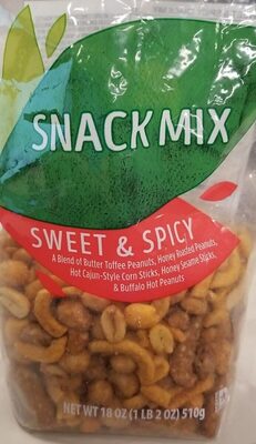 Sweet & Spicy A Blend Of Butter Toffee Peanuts, Honey Roasted Peanuts, Hot Cajun Style Corn Sticks, Honey Sesame Sticks, And Buffalo Style Hot Peanuts Snack Mix, Sweet & Spicy