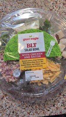 Blt With Chicken And Bacon Romaine Lettuce, Grape Tomatoes, White Chicken Meat, Bacon, Mild Cheddar Cheese, Red Cabbage, Carrots With Avocado Ranch Dressing Salad Bowl, Blt With Chicken And Bacon