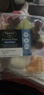 Protein Plus Apples, Grapes, Hard Boiled Egg, Cheddar Cheese Cubes And Salted Flax Seed Corn Chips Mini Meal, Protein Plus