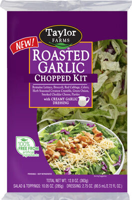 Roasted Garlic Chopped Romaine, Shredded Broccoli, Red Cabbage, Herb Crouton Crumble, Celery, Smoked White Cheddar Cheese, Green Onion, Parsley With Creamy Garlic Dressing Chopped Kit, Roasted Garlic