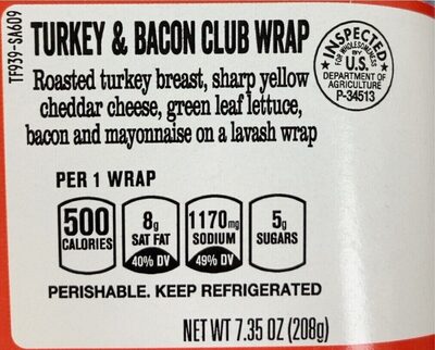 Turkey & Bacon Roasted Turkey Breast, Sharp Yellow Cheddar Cheese, Green Leaf Lettuce, Bacon And Mayonnaise On A Lavash Club Wrap, Turkey & Bacon