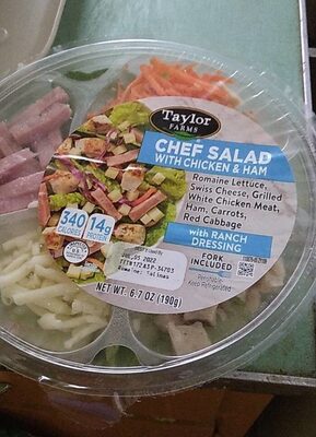 Chef Salad With Chicken & Ham Romaine Lettuce, Swiss Cheese, Grilled White Chicken Meat, Ham, Carrots, Red Cabbage With Ranch Dressing, Chef Salad With Chicken & Ham