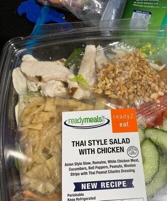 Thai Style Salad With Chicken Asian Style Slaw, Romaine, White Chicken Meat, Cucumbers, Bell Peppers, Peanuts, Wonton Strips With Thai Peanut Cilantro Dressing, Thai Style Salad