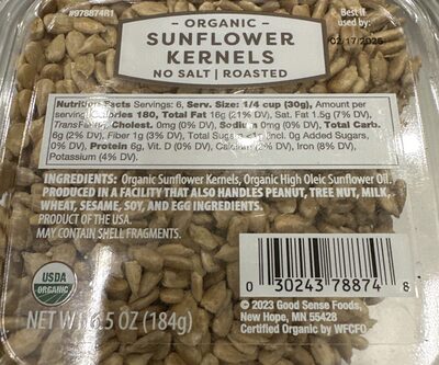 No Salt Roasted Organic Sunflower Kernels, No Salt Roasted