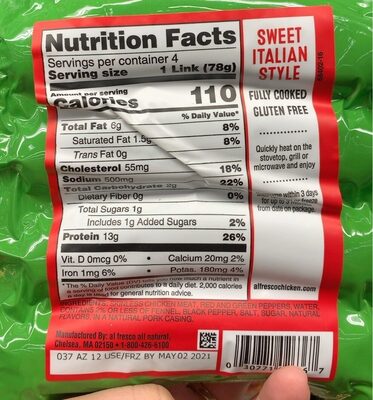 Sweet Italian Style With Red And Green Peppers Chicken Sausage, Sweet Italian Style With Red And Green Peppers