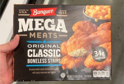 Original Classic Boneless Strips Breaded White Meat Chicken Patty Strips With Spicy Macaroni And Cheese Mega Meats, Original Classic