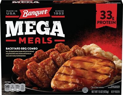 Backyard BBQ Combo Two Rib Shaped Patties And Grilled White Meat Chicken With Barbecue Sauce And Creamy Mashed Potatoes Mega Meals, Backyard BBQ Combo