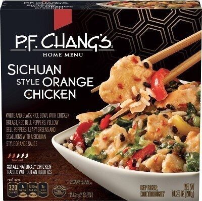Sichuan Style Orange Chicken White And Black Rice Bowl With Chicken Breast, Red Bell Peppers, Yellow Bell Peppers, Leafy Greens And Scallions With A Sichuan Style Orange Sauce, Sichuan Style Orange Chicken
